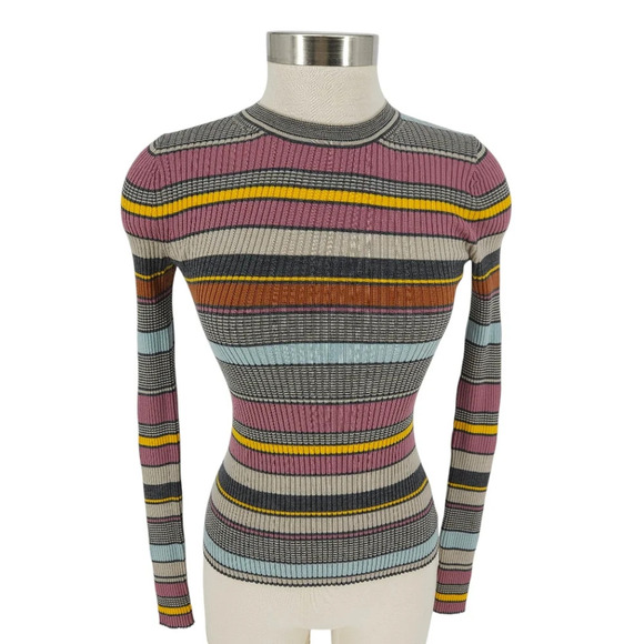Theory Sweater Wool Dusty Pink Striped Crewneck Long Sleeve Knit Pullover - Picture 1 of 8